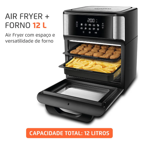 Air Fryer Forno Mondial 12L 2000W – Alta Potência, 3 Repartições e Sabor Sem Óleo!