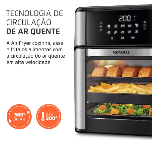 Air Fryer Forno Mondial 12L 2000W – Alta Potência, 3 Repartições e Sabor Sem Óleo!