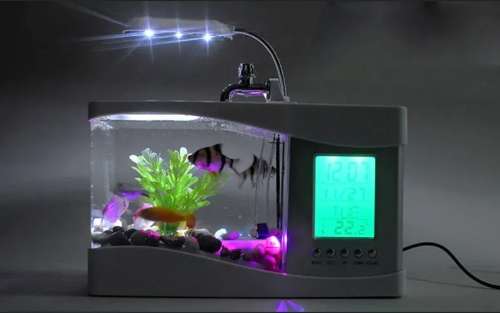 Mini Aquário com Relógio, Luminária e Porta-Objetos – Um Toque de Vida e Organização na Sua Mesa