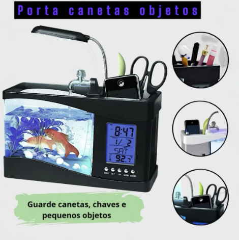 Mini Aquário com Relógio, Luminária e Porta-Objetos – Um Toque de Vida e Organização na Sua Mesa