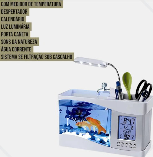 Mini Aquário com Relógio, Luminária e Porta-Objetos – Um Toque de Vida e Organização na Sua Mesa