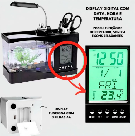 Mini Aquário com Relógio, Luminária e Porta-Objetos – Um Toque de Vida e Organização na Sua Mesa