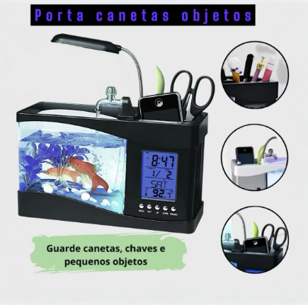 Mini Aquário com Relógio, Luminária e Porta-Objetos – Um Toque de Vida e Organização na Sua Mesa