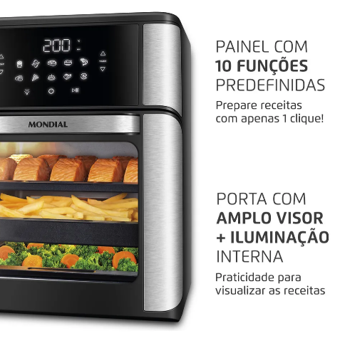 Air Fryer Forno Mondial 12L 2000W – Alta Potência, 3 Repartições e Sabor Sem Óleo!
