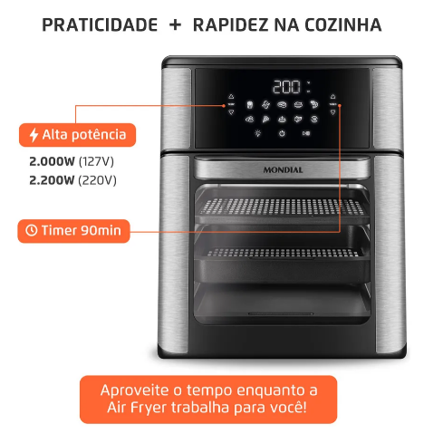 Air Fryer Forno Mondial 12L 2000W – Alta Potência, 3 Repartições e Sabor Sem Óleo!