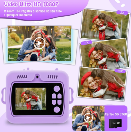 Câmera Infantil de Impressão Instantânea Colorida Com Cartão SD 32GB