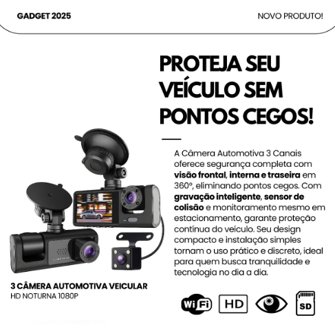 Câmera Automotiva 3 Lentes Full HD 1080p Icarbonx – Segurança e Tranquilidade em Cada Viagem