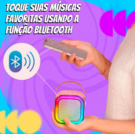 Caixinha Karaokê Mini Portátil com 2 Microfones Sem Fio Bluetooth