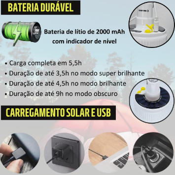 Lâmpada Camping Lampião LED Potente Recarregável – Iluminação Forte para Viver Momentos Inesquecíveis