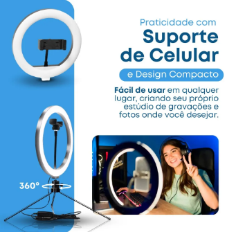 Luz Para Gravar Vídeos com Suporte de Celular e Tripé de Mesa – Estrutura Preta
