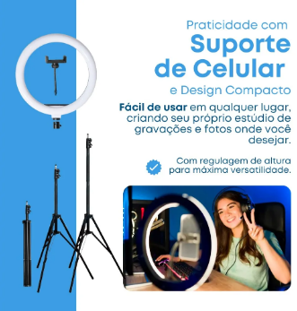 Ring Light 12 Polegadas 30 cm com Suporte de Celular e Tripé 2,10 m – Estrutura Preta