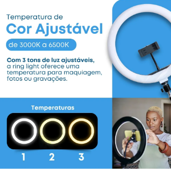 Ring Light 12 Polegadas 30 cm com Suporte de Celular e Tripé 2,10 m – Estrutura Preta