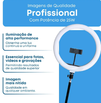 Ring Light 12 Polegadas 30 cm com Suporte de Celular e Tripé 2,10 m – Estrutura Preta