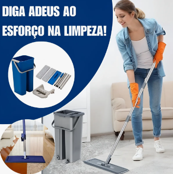 Kit Mop Flat com Balde Lava e Seca , Vassoura 2 em 1 e Rodo Mágico