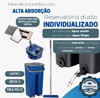 Kit Mop Flat com Balde Lava e Seca , Vassoura 2 em 1 e Rodo Mágico