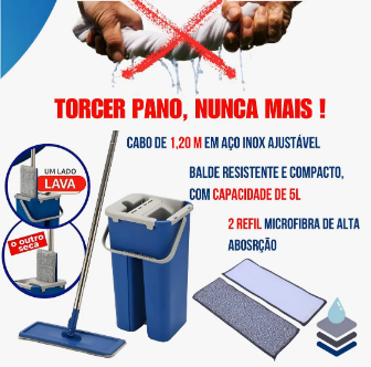 Kit Mop Flat com Balde Lava e Seca , Vassoura 2 em 1 e Rodo Mágico