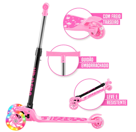 Patinete Infantil 3 Rodas com LED Dobrável