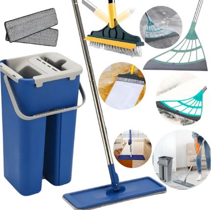 Kit Mop Flat com Balde Lava e Seca , Vassoura 2 em 1 e Rodo Mágico